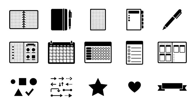 Minimalist planner icon set, black and white stationery vector elements, 15 productivity and organization icons for digital journaling and scheduling