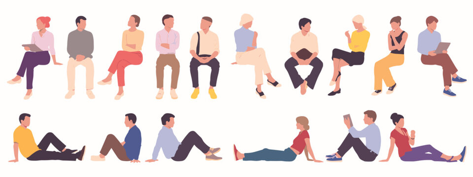 Diverse Group Of People Sitting And Lying Down In Flat Design Style On A White Background vector illustration