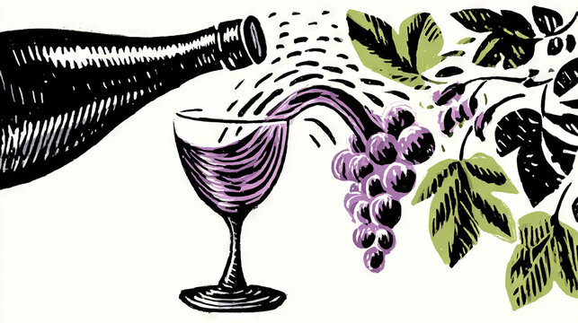 Wine Pouring from Bottle with Vine Leaves