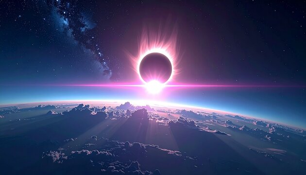 Total solar eclipse with pink chromosphere flash over snowy mountain landscape at dusk