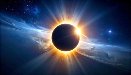 Fototapeta premium Dramatic total solar eclipse with radiant corona and cosmic light rays in deep space