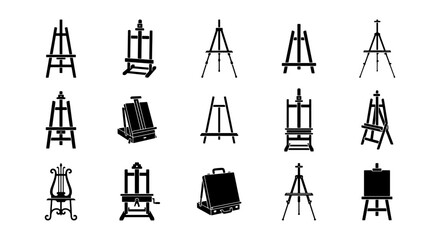 Black easel silhouette icons set, 15 professional artist tripod stands for painting, wooden studio display equipment vector collection © Liza