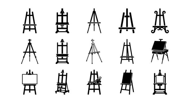 Black easel icon set, 15 artist tripod silhouettes, wooden painting stand collection for art studio branding, creative canvas display vector