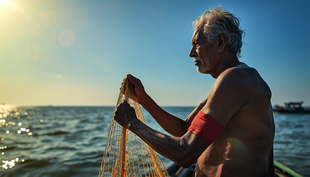 Elderly fisherman holding a fishing net on a boat at sunset