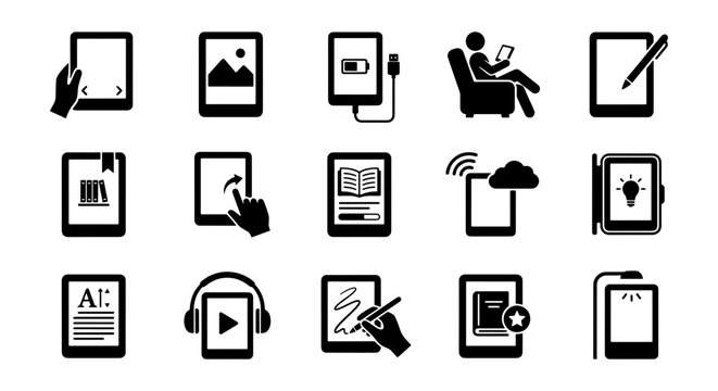 E-reader icon set with 15 black vector silhouettes, digital reading device symbols for mobile apps, electronic book reader interface elements