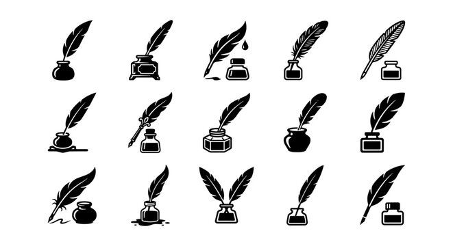 Vintage quill and inkwell icons set, 15 black vector quill pen and ink bottle silhouettes, antique writing tools for calligraphy and literature