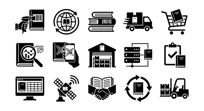 Book supply chain and publishing logistics icons, 15 black vector elements for library management, global book distribution and retail commerce