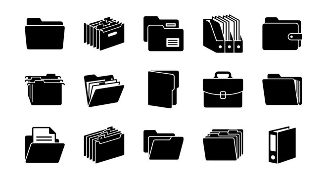 Minimalist black folder icons set, 15 document management vector elements, professional office filing and data storage symbols for business UI