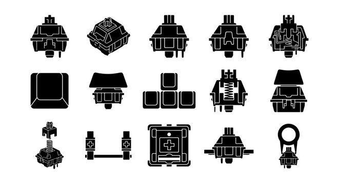 Mechanical keyboard switch icons, 15 black silhouette vector elements, custom keyboard enthusiast hardware components, gaming peripheral parts set