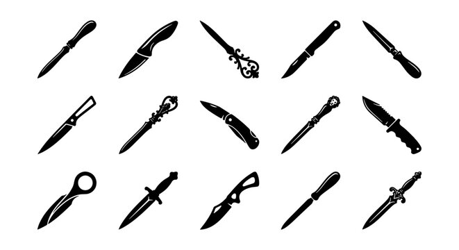 Vintage knife silhouettes set, 15 black dagger and blade icons, antique weapon collection vector, sharp hunting and combat knives for gaming