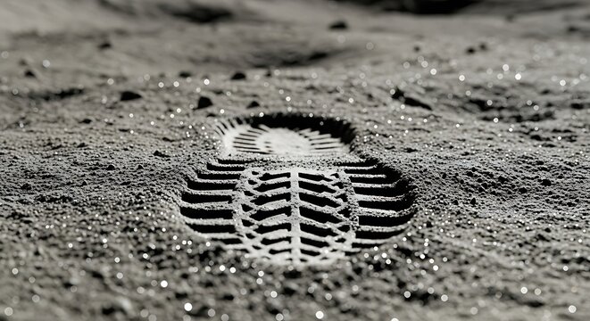Single footprint impression left in the dusty lunar surface with sparkling highlights