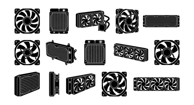 Computer cooling system vector icons, black silhouette PC fan and radiator set, 15 hardware components for liquid and air thermal management