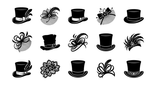 Vintage top hat and fascinator icons, set of 15 elegant headwear vector elements, classic black and white formal hats for horse racing and weddings