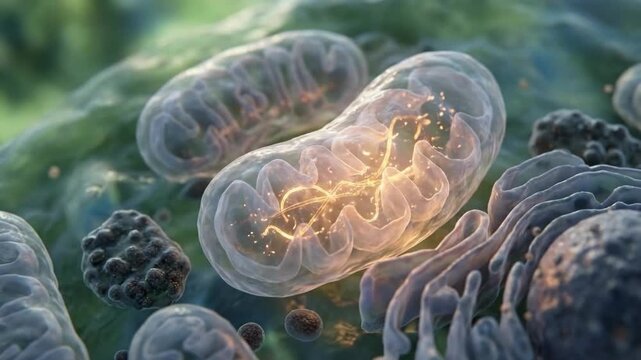 Mitochondrion, a vital energy generating organelle within cellular biology, producing adenosine triphosphate molecules, powering living system functions, exhibiting dynamic metabolic activity.
