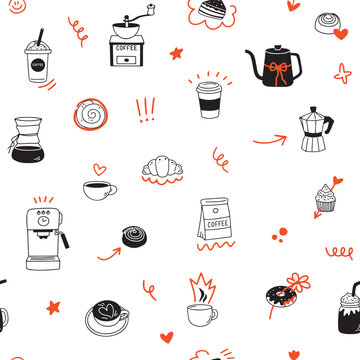 Hand drawn coffee doodle icons set. Cute coffee design elements seamless pattern isolated on white background. Line art clipart symbols.