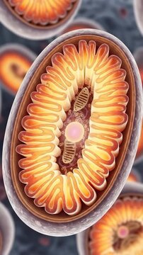 Mitochondrion, essential cellular component producing vital energy through active respiration inside intricate cristae folds, clearly illustrating dynamic metabolic process within cellular structure.