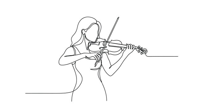 Continuous line drawing of a musician woman playing violin string instrument with violinist