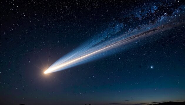 Bright comet with long dust and ion tails streaking across starry night sky
