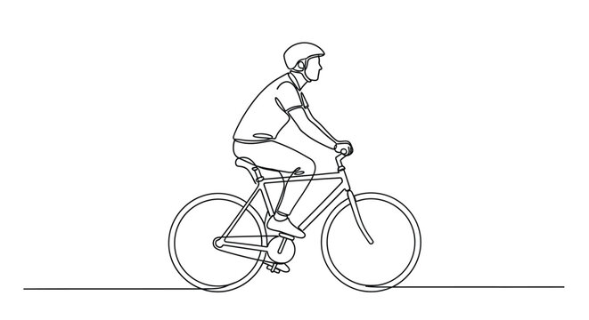 Simple one line art drawing of a person riding a bicycle for fitness and travel with eco friendly