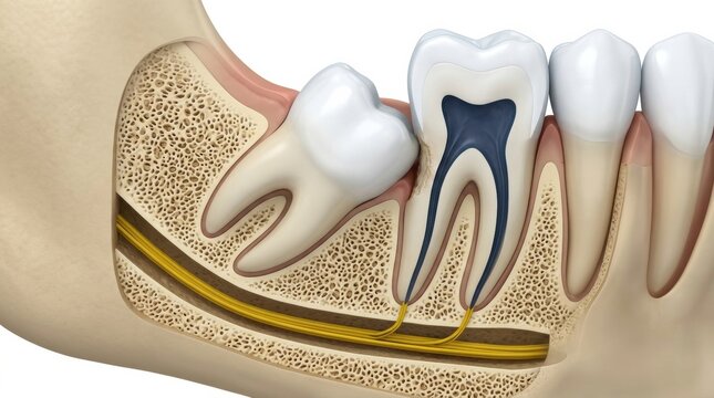 Dental Illustration Showing Root Canal Procedure With Tooth Anatomy and Root Structure Cutaway for Educational Purposes