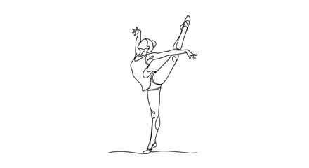 Continuous line drawing of a female ballerina performing a high leg kick dance move with movement © Line Galaxy