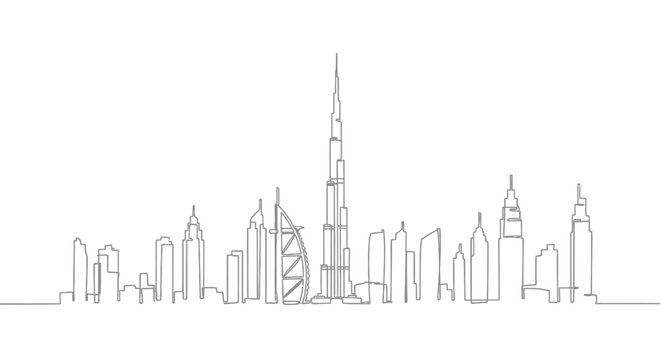 Simple line art drawing of the dubai city skyline featuring iconic skyscrapers and architecture