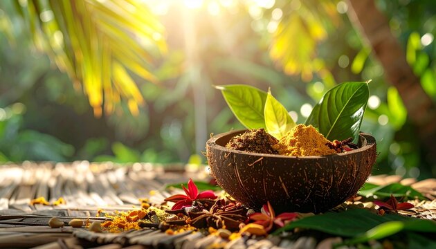 Coconut bowl with healing herbs and golden sunlight in tropical forest setting