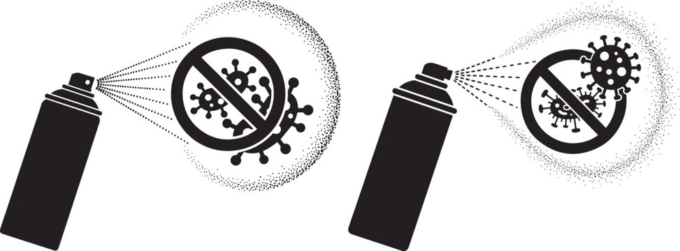 Two aerosol spray cans emitting a mist with a prohibition symbol over virus icons health care spray can disinfectant cleaning bacteria prevention sanitizer protection pandemic prohibition