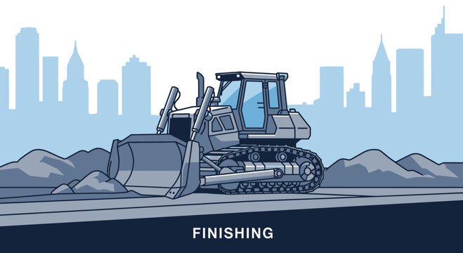 A Construction Bulldozer At Work With City Skyline Background Delivering Finishing Touch