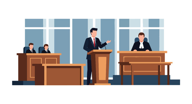 Flat style vector illustration of a lawyer presenting argument in courtroom, showing legal process, trial advocacy, and professional representation in justice system environment