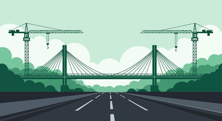 Fototapeta premium A Modern Bridge Construction Scene Featuring Cranes in Green Tones Perfect For Design Use