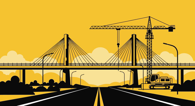 A Modern Vector Bridge Illustration with Road, Construction, and a Yellow Tinge