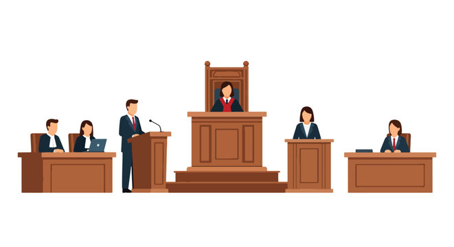 Flat style vector illustration of courtroom trial scene with judge, lawyers, and witness stand, showing legal process, justice system, and formal court proceedings