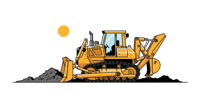 A Yellow Bulldozer Excavating Earth Under A Sun With A Minimalist Vector Style