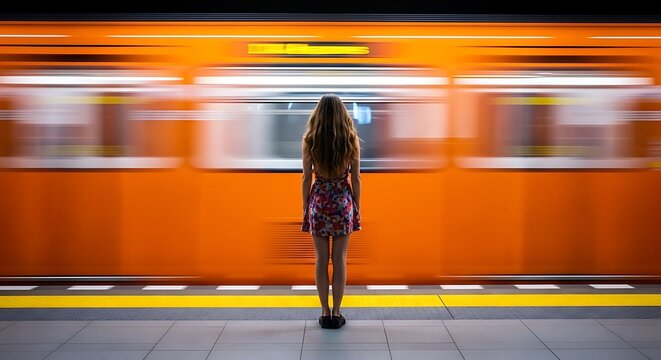 A young woman stands alone on a subway platform as a train rushes by.