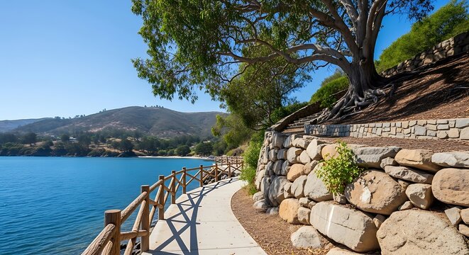 A scenic coastal path with a wooden railing and stone wall overlooking a calm blue ocean on a sunny day