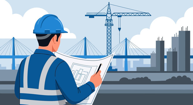 Architect Reviewing Plans on Construction Site Focused on Infrastructure Development
