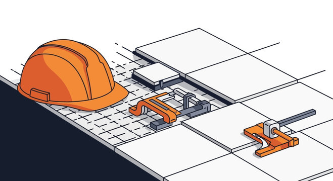 Architectural Illustration Depicting Tile Installation And Safety Equipment Essential