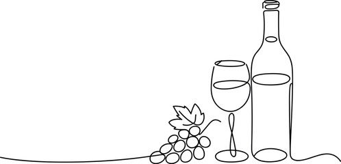 Elegant wine bottle and glasses with grapes on rustic table line art illustration ©  Victory Pixel