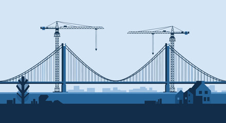 Fototapeta premium Architectural Illustration Depicting Bridge Construction With Overhead Cranes And Silhouetted City