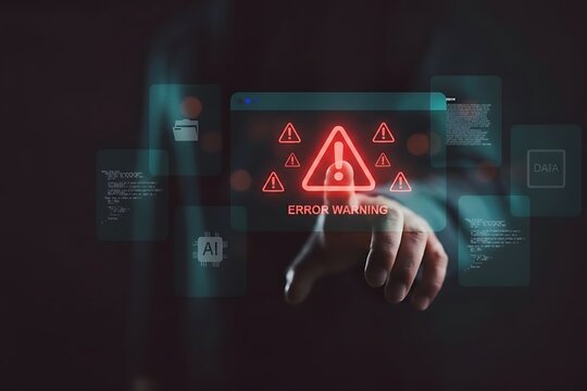 System warning alert on virtual interface with hand interaction. Concept of cybersecurity risk, data breach, malware, hacking, IT failure, and digital system