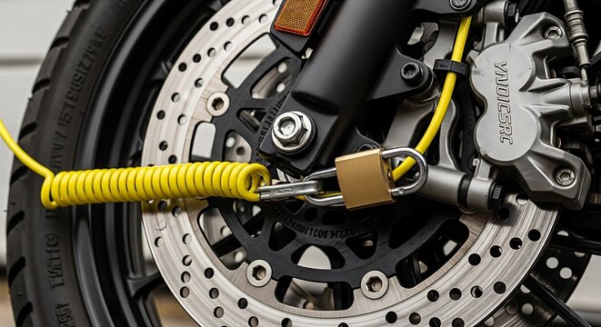 A close-up view of a motorcycle wheel secured with a yellow coiled cable and padlock