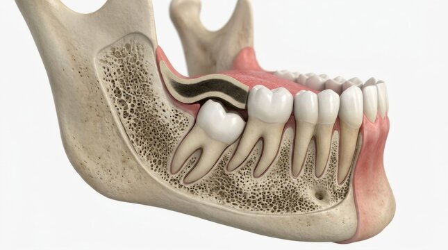 Detailed Anatomical Model of Human Jaw Showcasing Teeth Structure, Molars, and Gums in Clear Visual Representation Without Text or Distractions