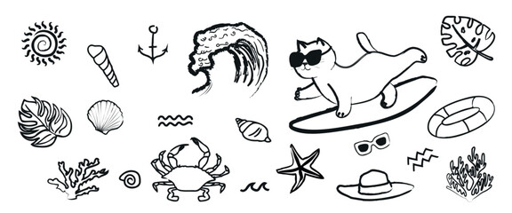 A tropical beach and surf-themed vector set with palm leaves, waves, surfboard, cat, chell, crab and ocean elements in a bold graphic style. Hand-drawn vector set with summer doodles for t-shirt print © SaturnO_27