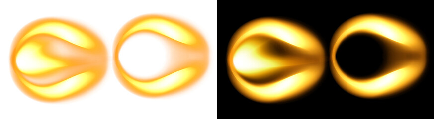 Naklejka premium PNG image of&nbsp;Two vibrant golden-yellow abstract light arcs with glowing centers for modern design on transparent background. on transparent background