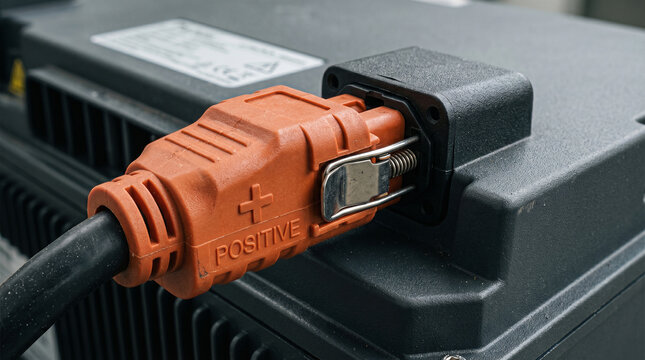 Orange High Voltage ESS Connector with Metal Safety Lock on Battery Pack
