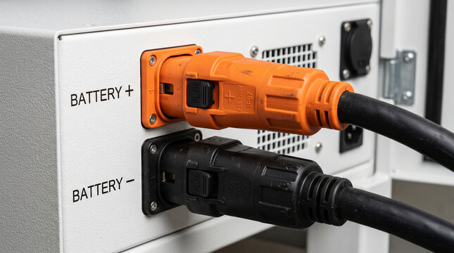 Orange and Black ip67 ESS Battery Connectors Plugged into Energy Storage System