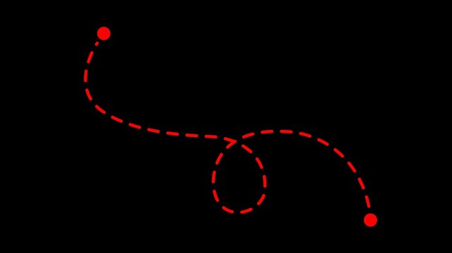 Minimalist, red, dashed, line, path, animation, on, black, background, connecting, two, points, with, a, creative, loop, perfect, for, travel, routes, and, cinematic, storytelling, overlays.
