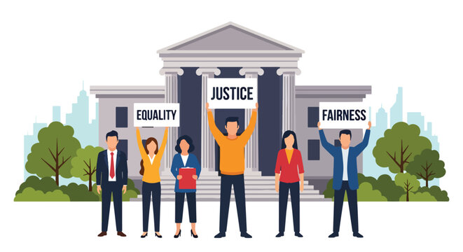 Flat style vector illustration of people protesting for justice with signs, representing legal rights awareness, activism, and social justice movement