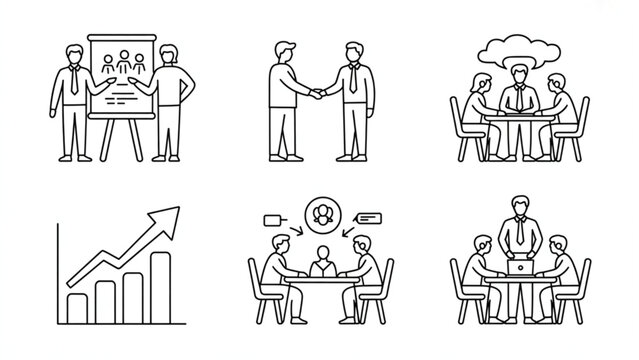 Modern Business Teamwork Line Icon Set  Collaboration, Leadership, and Office Strategy Outline Collection